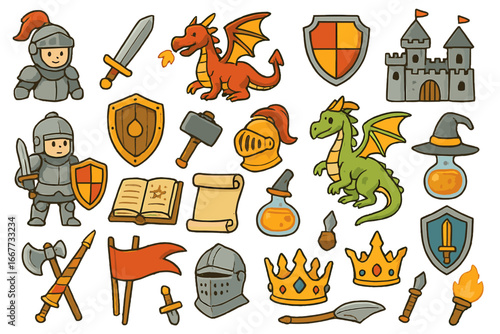 Medieval fantasy icon set. Vector cartoon illustration collection for RPG games. Knight, dragon, castle, magic potion, sword, shield, crown, and armor graphic elements.