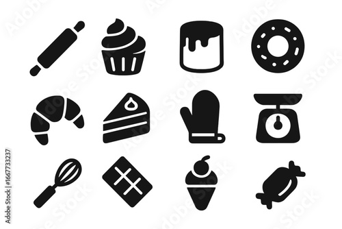 Baking and sweets solid glyph icon set. Pastry, dessert, and cooking symbols collection. Vector illustration of kitchen tools and food like cake, donut, and cupcake.