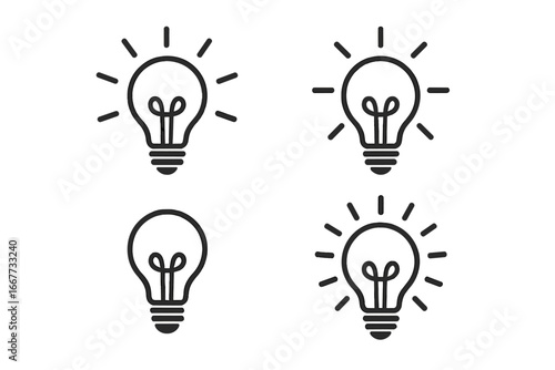 Lightbulb icon vector set. Idea, creativity, and inspiration symbol collection. Electric lamp pictogram for innovation, solution, and energy concepts. Simple line art design.