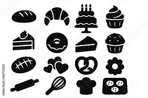 Bakery silhouette icon set. Pastry, desserts, and cakes collection. Vector glyphs of bread, croissant, cupcake, donut, and baking tools for a café or patisserie menu.