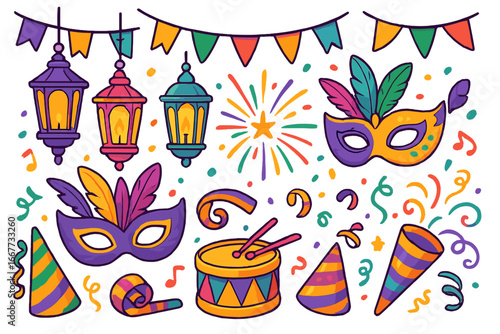 Carnival party decoration set with masks, lanterns, and festive items. Vector illustration for celebration, festival, or holiday. Hand drawn cartoon icons of confetti, drum, and party hats.