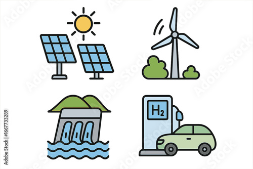 Renewable energy icon set. Green power sources like solar panels, wind turbine, and hydroelectric dam. Hydrogen H2 car fuel station. Clean, sustainable technology vector.