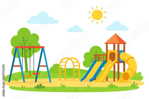 Kids playground with slide and swing. Children park for outdoor activity and recreation. Summer landscape background with sun, clouds, and trees. Vector cartoon illustration.