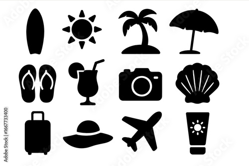 Summer beach vacation icon set. Travel and holiday essentials silhouette symbols. Vector collection with surfboard, palm tree, sun, airplane, luggage and cocktail.