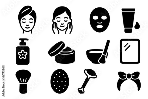 Beauty routine glyph icon set. Skincare cosmetic tools and facial care pictogram collection. Self-care, spa, and dermatology symbols. Face mask, cream, and jade roller vector.