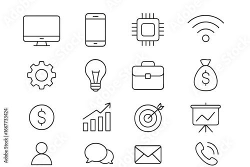 Business and technology thin line icon set. Vector symbols for web, finance, marketing, and communication. Includes icons for analytics, strategy, startup, and growth concepts.
