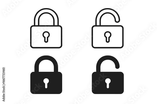 Lock and unlock vector icon set. Padlock symbols for security, safety, and privacy. Open and closed lock collection. Simple outline and solid glyph style for web, app, and UI design.