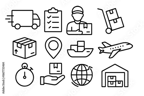 Logistics and delivery line icon set. Transport, shipping, courier outline collection. Vector illustration of cargo, freight, warehouse, global distribution, ecommerce business.