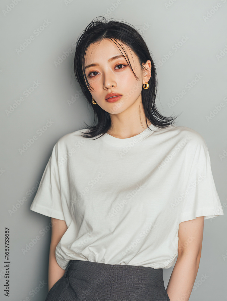 Obraz premium A beautiful female model wearing a white t-shirt. A product shot for fashion and apparel. best use for mockup.