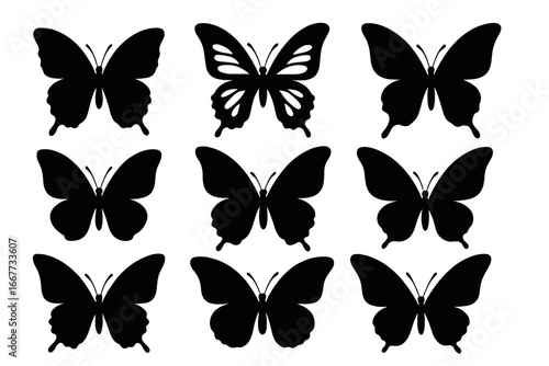 Butterfly silhouette vector collection. Set of isolated black insect icons. Elegant flying moth shapes for logo, tattoo, spring decoration or graphic design elements.