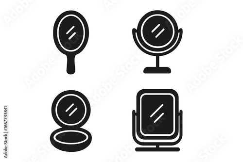 Mirror icon set. Cosmetic makeup solid silhouette symbols. Collection of hand mirror, vanity stand, and pocket compact. Beauty grooming accessory vector graphic illustration.