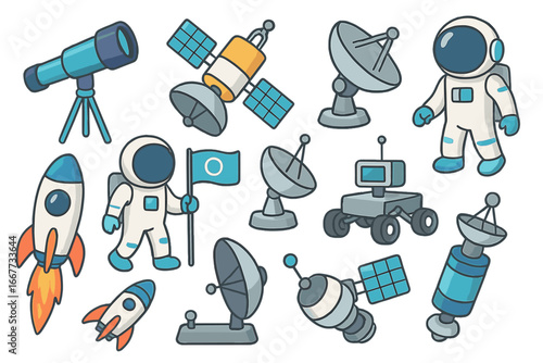 Vector set of colorful space exploration icons. Astronaut, rocket, satellite, space rover, and telescope for astronomy. Science and technology cartoon graphic elements isolated.