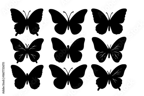 Butterfly silhouette icon set. Vector collection of black insect shapes. Elegant, detailed butterflies with different wings. Isolated graphic design elements for nature concepts.
