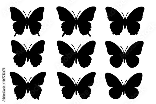 Butterfly silhouette vector icon set. Collection of black isolated flying butterflies. Elegant simple nature insect graphic design elements. Monarch butterfly shape collection.