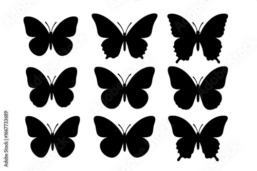 Butterfly silhouette vector collection. Set of isolated black insect icons. Various flying butterfly shapes for graphic design, logo, nature, summer, or spring concepts.