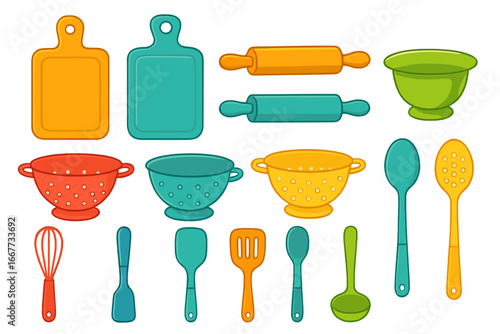 Colorful kitchen utensils set. Vector cartoon illustration. Cooking and baking tools. Cookware, cutting board, rolling pin, colander, bowl, whisk, spoon, spatula isolated.