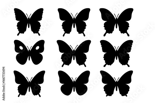 Butterfly silhouette icon set. Vector graphic collection of various flying insects. Black butterfly icons. Nature animal shapes for design elements. Isolated summer art.