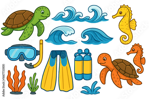 Sea life vector icon set. Turtle, seahorse, wave, diving mask, flippers. Marine cartoon illustration. Underwater animal, ocean life collection. Scuba diving stickers.