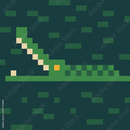 Stylized green pixel crocodile with open mouth, set against a dark swampy background. A fun and simple reptile character in retro style.