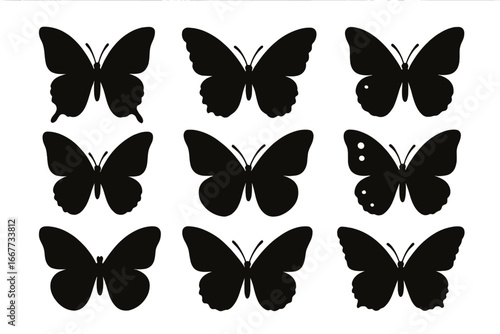 Set of black butterfly silhouettes. Various flying insect shapes and icons. Elegant nature design elements for spring, tattoo, or logo concepts. Vector animal collection.