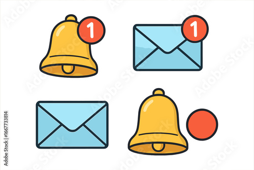Notification bell and message envelope vector icon set. New email and alert symbol with counter. Incoming inbox message notification badge. Reminder, alarm, and subscribe icons.