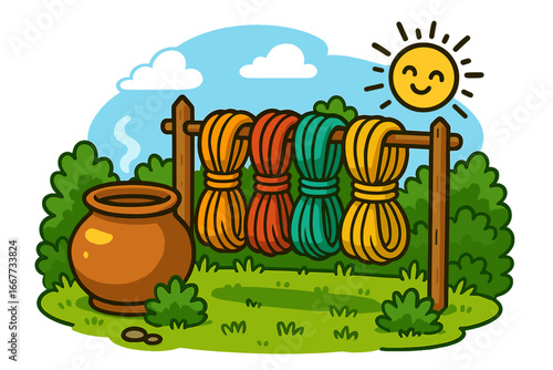 Natural yarn dyeing process concept. Colorful wool skeins drying on a wooden rack in a garden. Handmade textile craft cartoon. Freshly dyed thread in the sun illustration.