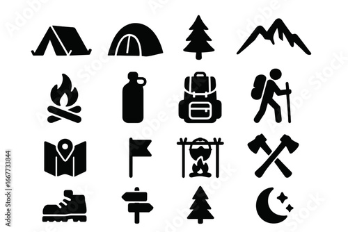Camping and outdoor silhouette icon set. Hiking, travel, and nature graphic collection. Vector illustration of adventure elements like tent, mountain, campfire and backpack.