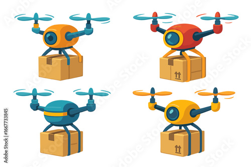 Set of colorful delivery drones carrying packages. Modern cartoon quadcopters for fast air shipping and e-commerce logistics. Future technology vector illustration isolated.