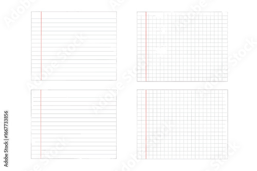 Set of blank paper sheets. Lined and grid paper for school notebook or office notepad. Vector isolated A4 pages with margin. Ruled and checkered page template mockup.