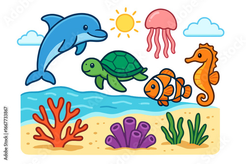 Cute cartoon marine life set with dolphin, turtle, clownfish, jellyfish, seahorse. Vector illustration of sea animals on a sunny beach. Ocean underwater world for kids.