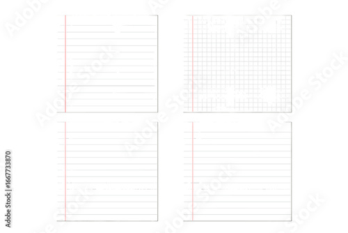 Vector set of blank paper sheets. Lined and grid notebook pages with red margin. A4 paper mockup template for school, writing, and notes. Isolated graph paper illustration.