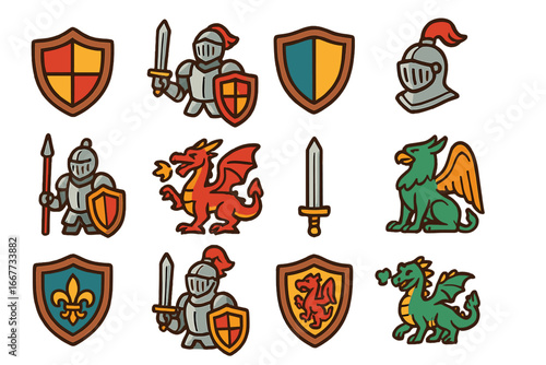 Cartoon medieval icons collection. Vector set of fantasy elements like knights in armor, mythical dragons, griffin, heraldic shields, swords, and helmets for creative design.