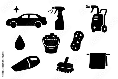 Car wash silhouette icon set. Auto cleaning and detailing service tools. Vehicle maintenance equipment glyph collection. Vector illustration for carwash and polish concept.
