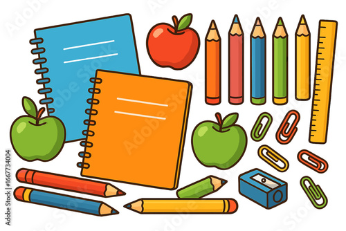 School supplies collection. Back to school concept. Colorful cartoon vector icons. Education stationery set with notebook, pencil, apple, ruler, sharpener, and paper clip.