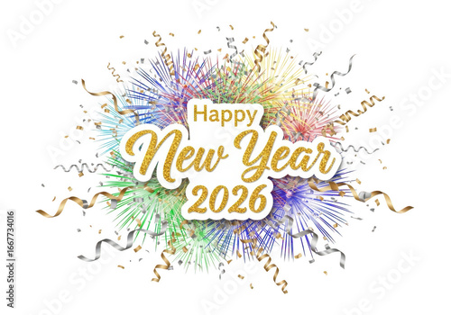 Happy new year 2026 isolated on transparent background with fireworks