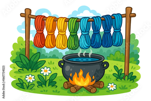 Natural wool dyeing process with colorful rainbow yarn skeins drying. Handmade craft concept. Cauldron pot over campfire in a garden. Cartoon vector illustration.