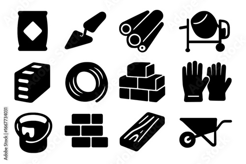 Construction solid icon set. Building materials and work tools silhouette collection. Vector graphics of cement, brick, trowel, gloves, and concrete mixer essentials.