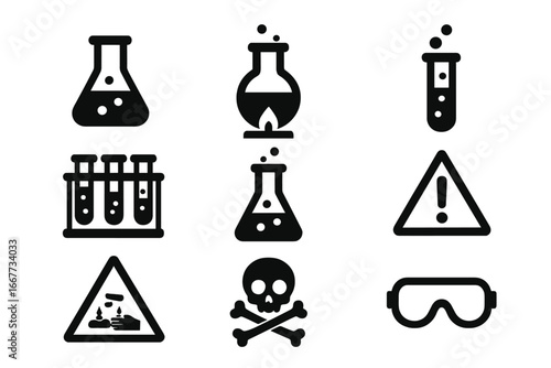 Chemistry lab solid icon set. Chemical experiment and laboratory equipment symbols. Science vector graphics. Hazard, poison, corrosive, and danger warning signs collection.