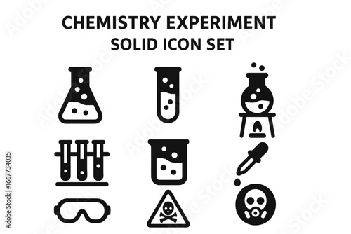 Chemistry solid icon set with lab equipment and safety symbols. Vector collection for science experiment or research. Features flask, test tube, poison hazard, and gas mask.