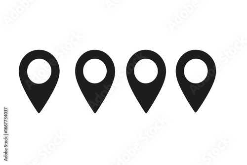 Set of black map location pin icons. Pointer symbol, navigation marker for GPS. Destination or address sign. Vector graphic illustration for travel, positioning and route.