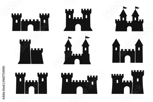 Castle fortress silhouette icon set. Medieval kingdom palace collection. Fairytale historic ancient architecture. Stronghold defense symbol for war and security. Royal vector.