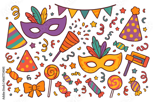 Carnival party celebration set with festive items. Vector cartoon illustration of masks, candy, confetti, party hats, noisemakers, and gragger for Purim holiday.