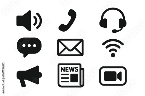Communication solid icon collection. Media glyph set for business. Phone, headset, audio, chat, mail, wifi, news, video symbols. Contact us, support, marketing concept.