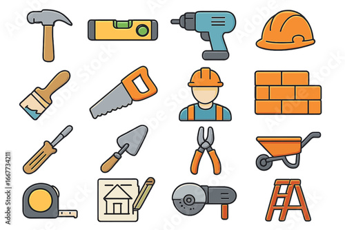 Construction tools and equipment icon set. Simple cartoon vector illustration for building, repair, and DIY home improvement. Trades, occupation, worker, hammer, saw, drill.