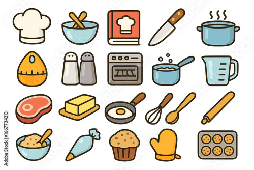 Cooking and baking icon set. Food preparation, kitchen utensils and culinary equipment collection. Vector cartoon graphic elements for recipes, restaurant menu, gastronomy.