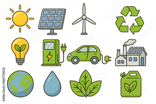 Renewable energy icon set. Green technology and sustainable power sources. Solar panel, wind turbine, electric car, recycling, and biofuel symbols for ecology concepts.