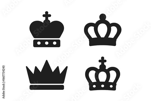 Crown royalty glyph icon set. Majestic king, queen, and monarch symbols. Royal power and luxury emblem collection. Imperial heraldic sign. Vector silhouette illustration.