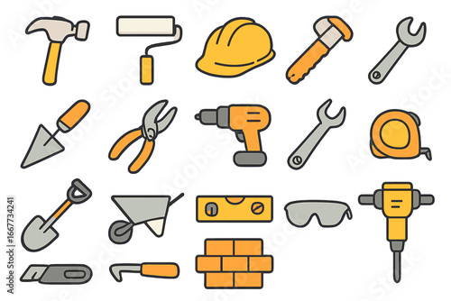 Big set of construction industry icons. Tools and equipment for building and repair. Cartoon vector graphic collection with hammer, drill, helmet, trowel, wrench, and shovel.