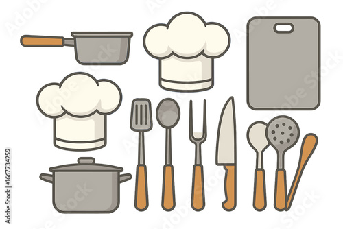 Set of cooking utensils and chef hat icons. Vector illustration for culinary blog, restaurant menu. Kitchenware equipment for food preparation. Flat cartoon design cook tool collection.