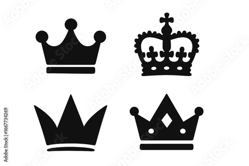 Crown royalty solid icon set. Majestic king and queen symbols collection. Royal majestic insignia for monarchy. Vector silhouette illustration of power and luxury emblems.